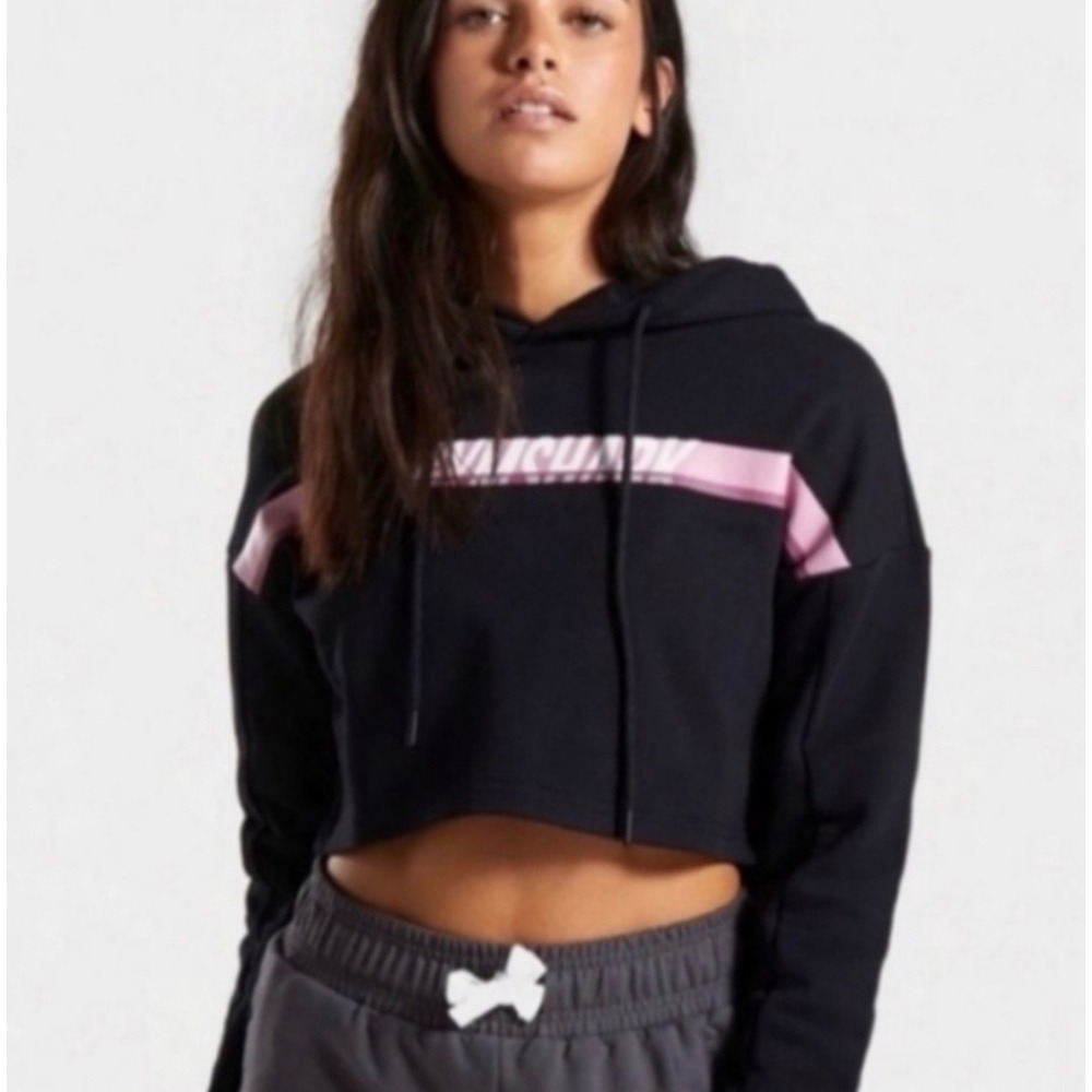 Gymshark Women's Black Pink Dash Striped Logo Cropped Hoodie Sweatshirt XS